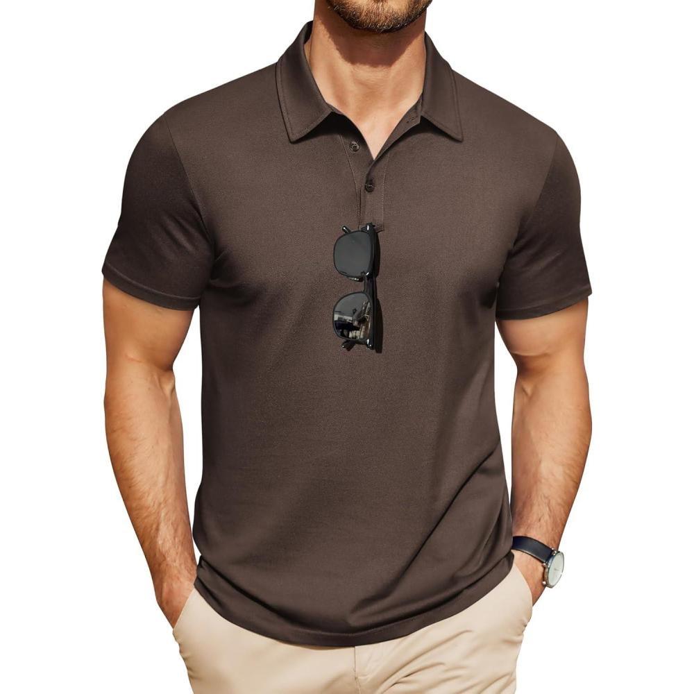 imageCOOFANDY Mens Polo Shirts Short Sleeve Pique Jersey Golf Shirt Casual Summer Collared TShirtsBrown