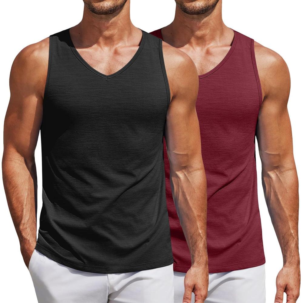 imageCOOFANDY Mens Workout Tank Tops Sleeveless Muscle Gym Shirt Bodybuilding TeeBlackRed 2 Pcs