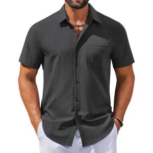 COOFANDY Men’s Button Down Shirts Casual Short Sleeve Linen Shirt Summer Beach Shirt with Pocket(Dark Gray)