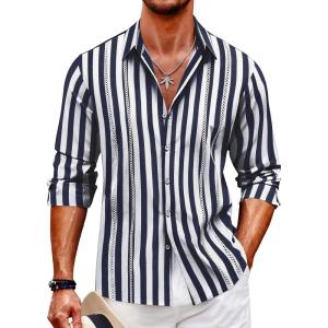 COOFANDY Mens Cuban Guayabera Shirt Casual Button Down Shirts Long Sleeve Summer Beach Shirts(Navy Stripe)