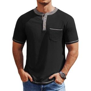 COOFANDY Mens Henley Shirts Short Sleeve Casual Button T-Shirts Basic Tee Shirts Summer Vintage T Shirts with Pocket(01 Black)