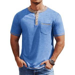 COOFANDY Mens Henley Shirts Short Sleeve Casual Button T-Shirts Basic Tee Shirts Summer Vintage T Shirts with Pocket(01 Blue)
