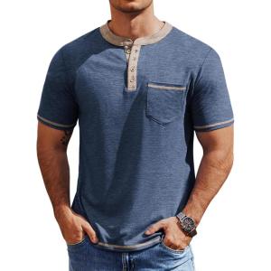 COOFANDY Mens Henley Shirts Short Sleeve Casual Button T-Shirts Basic Tee Shirts Summer Vintage T Shirts with Pocket(01 Navy Blue)