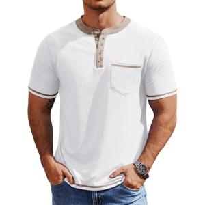 COOFANDY Mens Henley Shirts Short Sleeve Casual Button T-Shirts Basic Tee Shirts Summer Vintage T Shirts with Pocket(01 White)