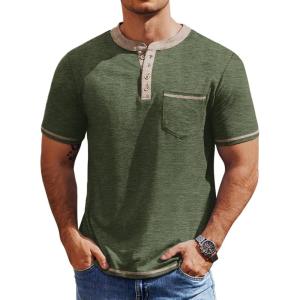 COOFANDY Mens Henley Shirts Short Sleeve Casual Button T-Shirts Basic Tee Shirts Summer Vintage T Shirts with Pocket(02 Army Green)