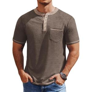 COOFANDY Mens Henley Shirts Short Sleeve Casual Button T-Shirts Basic Tee Shirts Summer Vintage T Shirts with Pocket(02 Brown)
