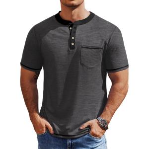 COOFANDY Mens Henley Shirts Short Sleeve Casual Button T-Shirts Basic Tee Shirts Summer Vintage T Shirts with Pocket(02 Dark Grey/Black)