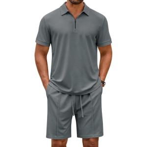 COOFANDY Men’s Polo Shirt and Shorts Set 2 Piece Outfits Fashion Summer Casual Tracksuits(Dark Grey)
