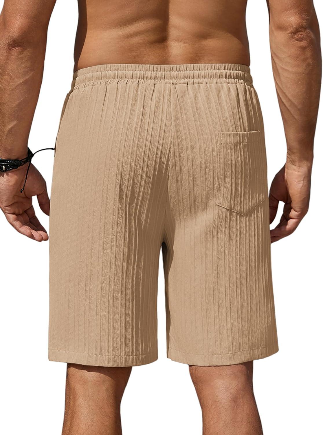 imageCOOFANDY Mens Beach Shorts 9 Elastic Waist Drawstring Casual Shorts Regular Fit Summer Textured ShortsKhaki