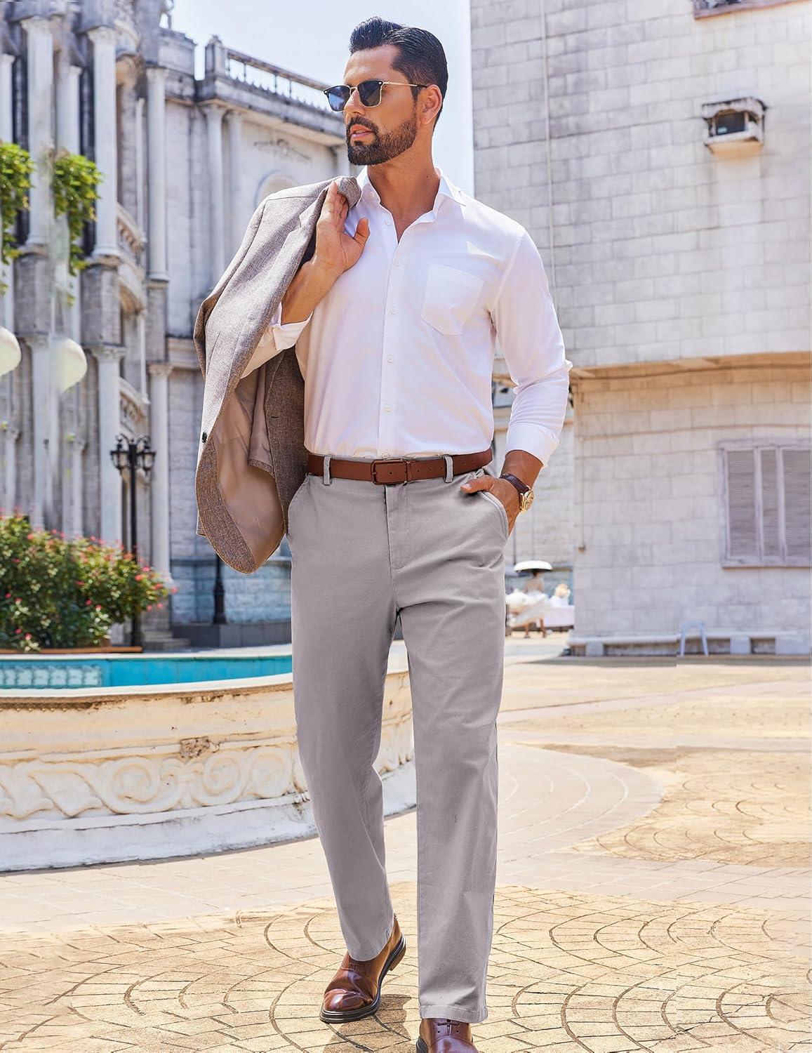 imageCOOFANDY Mens Casual Chinos Pants Classic Relaxed Fit Flat Front Slacks Work Stretch TrousersLight Grey