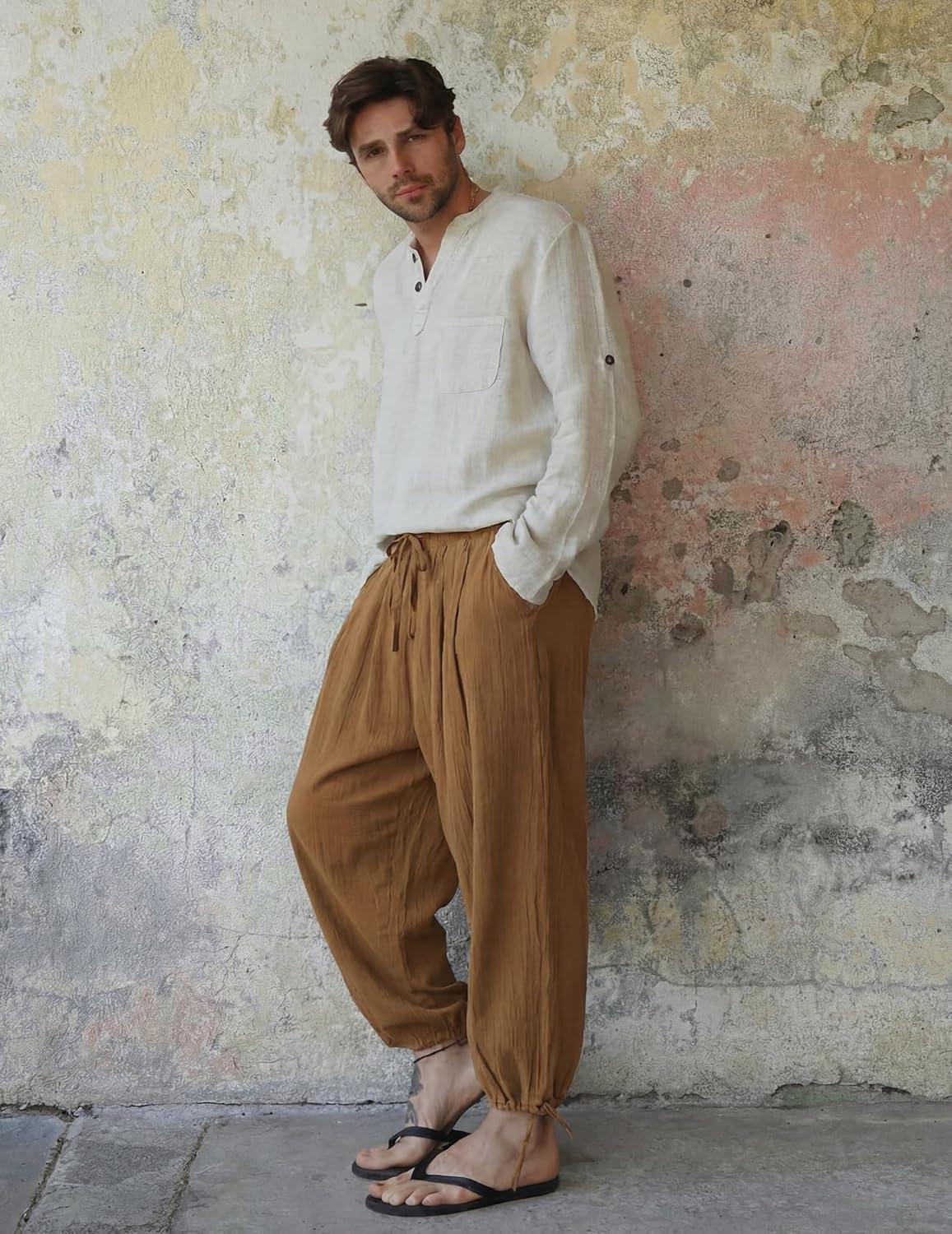 imageCOOFANDY Mens Cotton Linen Pants Casual Harem Pants Elastic Waist Beach Boho Yoga TrousersLight Brown