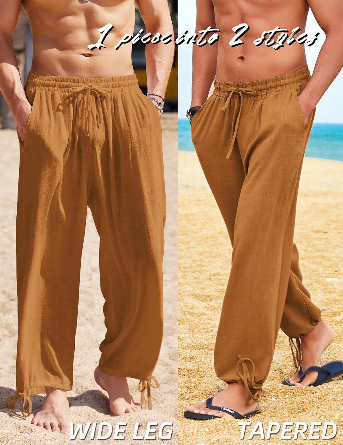 imageCOOFANDY Mens Cotton Linen Pants Casual Harem Pants Elastic Waist Beach Boho Yoga TrousersLight Brown