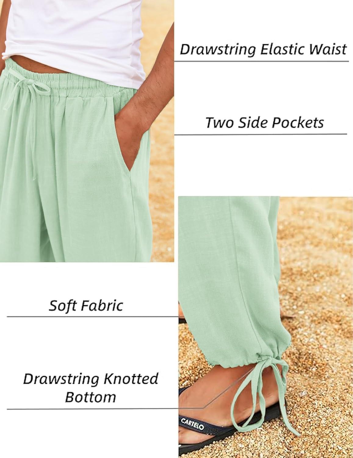 imageCOOFANDY Mens Cotton Linen Pants Casual Harem Pants Elastic Waist Beach Boho Yoga TrousersLight Green