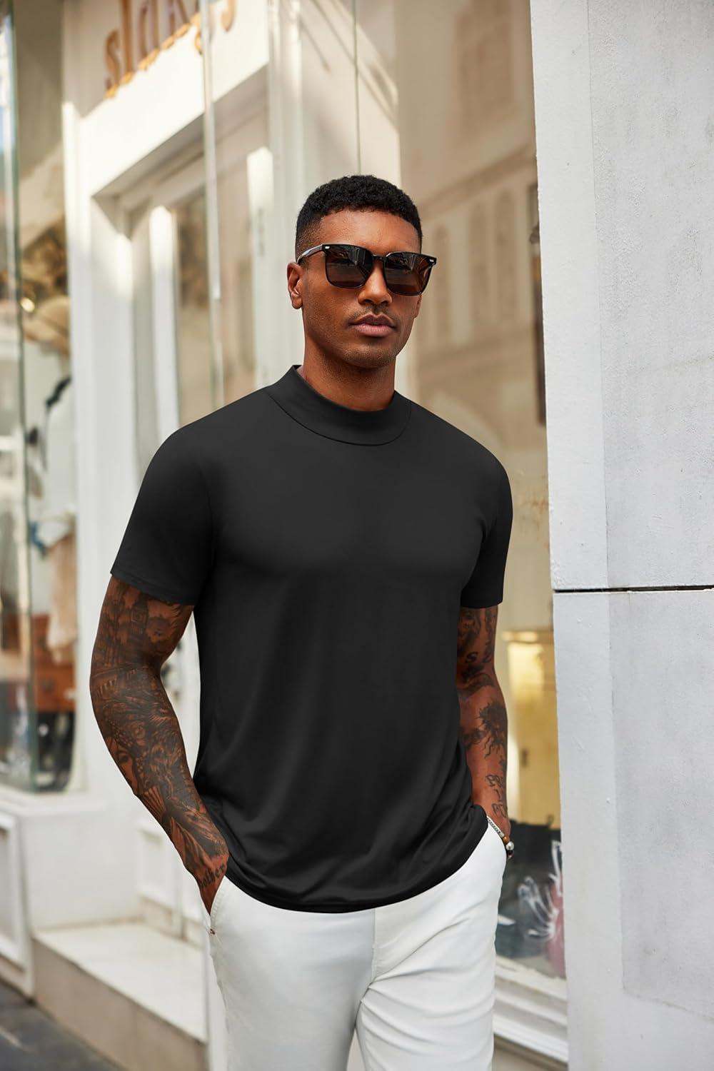 imageCOOFANDY Mens Mock Turtleneck T Shirt Short Sleeve Slim Fit Basic Casual Solid Color Pullover TeeAblack