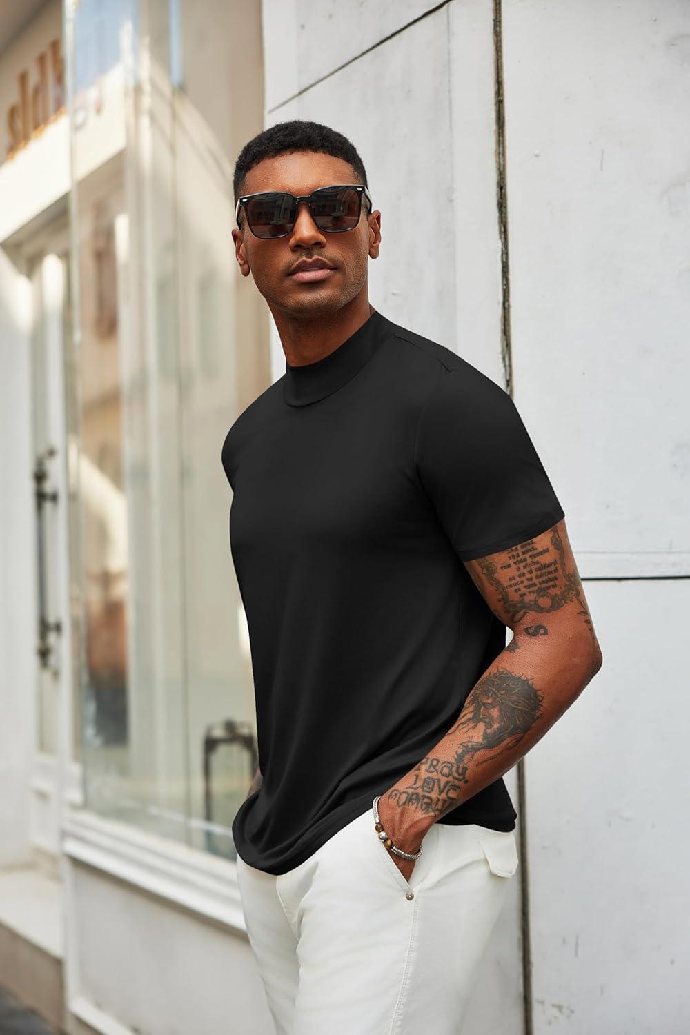imageCOOFANDY Mens Mock Turtleneck T Shirt Short Sleeve Slim Fit Basic Casual Solid Color Pullover TeeAblack