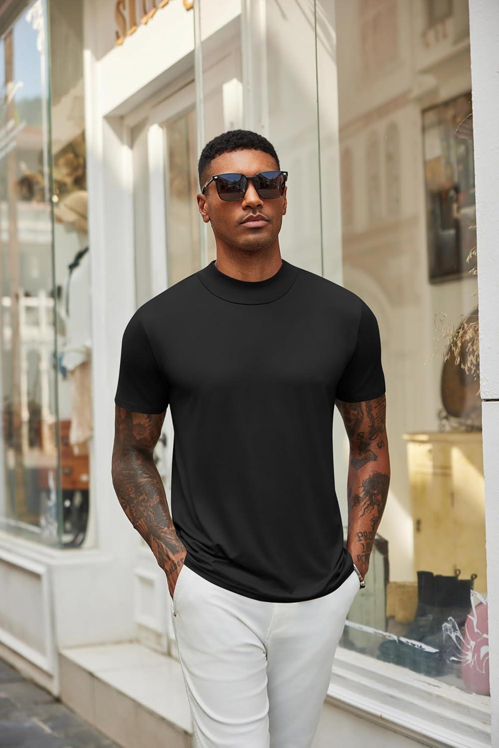 imageCOOFANDY Mens Mock Turtleneck T Shirt Short Sleeve Slim Fit Basic Casual Solid Color Pullover TeeAblack