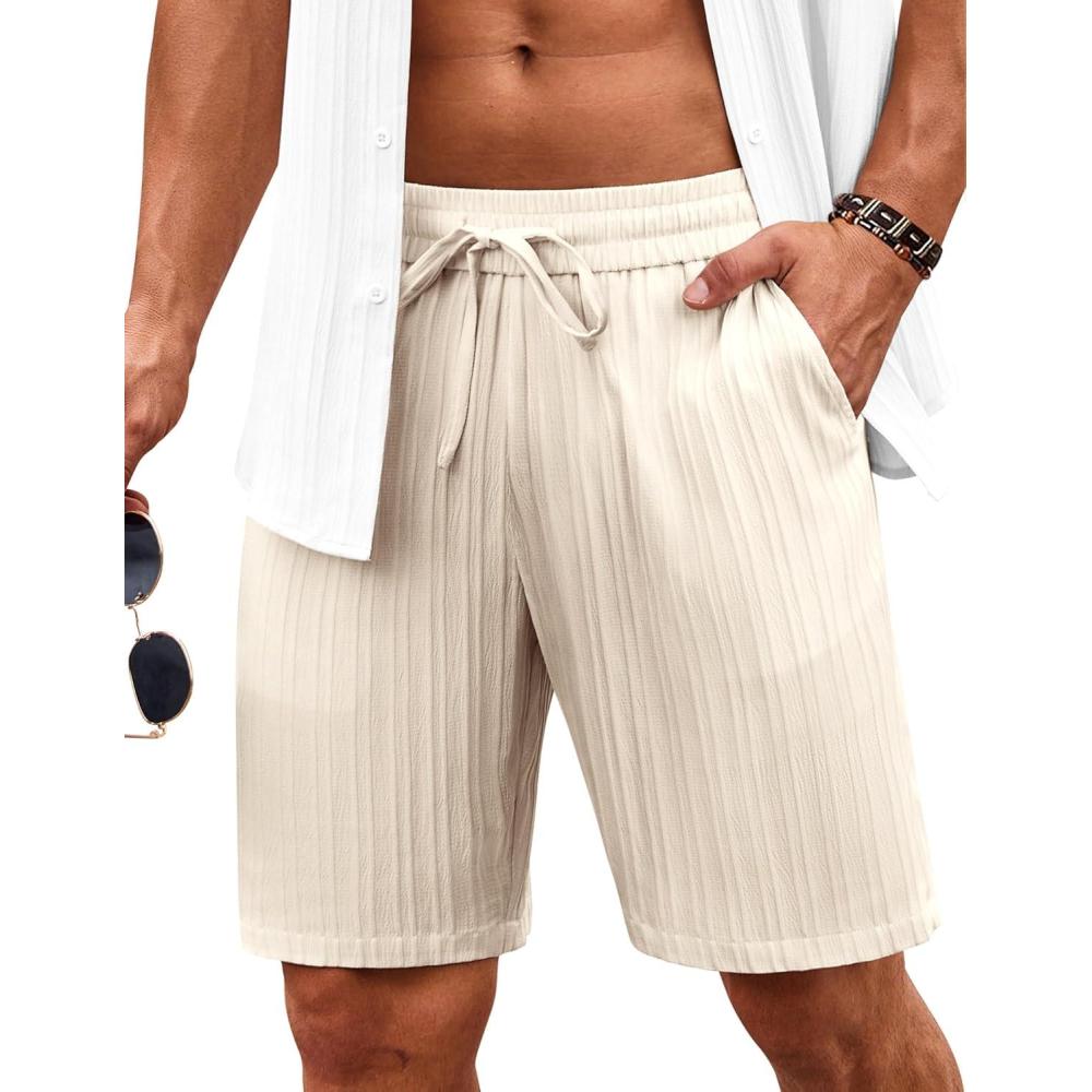imageCOOFANDY Mens Beach Shorts 9 Elastic Waist Drawstring Casual Shorts Regular Fit Summer Textured ShortsBeige