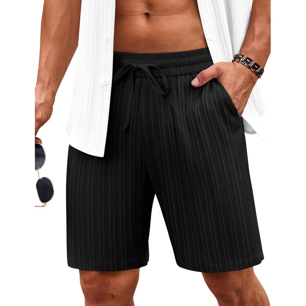 imageCOOFANDY Mens Beach Shorts 9 Elastic Waist Drawstring Casual Shorts Regular Fit Summer Textured ShortsBlack