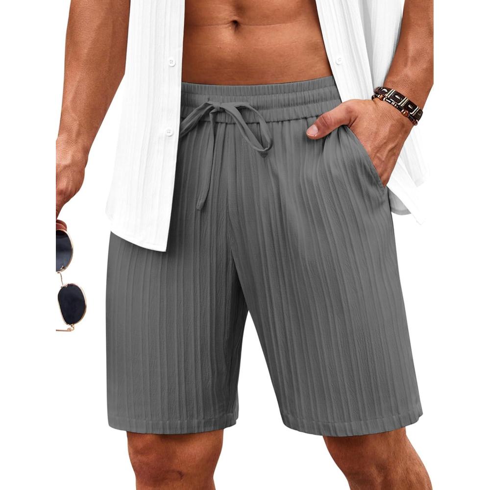 imageCOOFANDY Mens Beach Shorts 9 Elastic Waist Drawstring Casual Shorts Regular Fit Summer Textured ShortsDark Grey