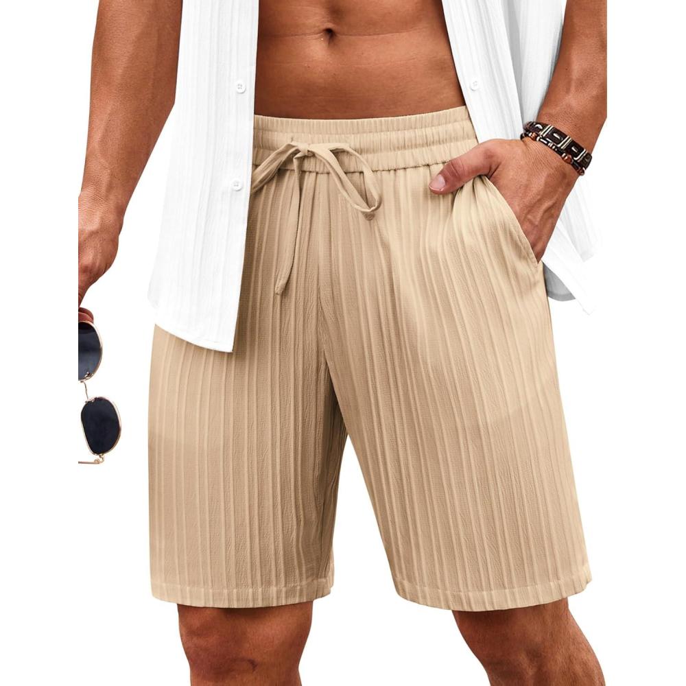 imageCOOFANDY Mens Beach Shorts 9 Elastic Waist Drawstring Casual Shorts Regular Fit Summer Textured ShortsKhaki
