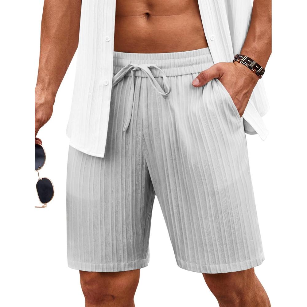 imageCOOFANDY Mens Beach Shorts 9 Elastic Waist Drawstring Casual Shorts Regular Fit Summer Textured ShortsLight Grey