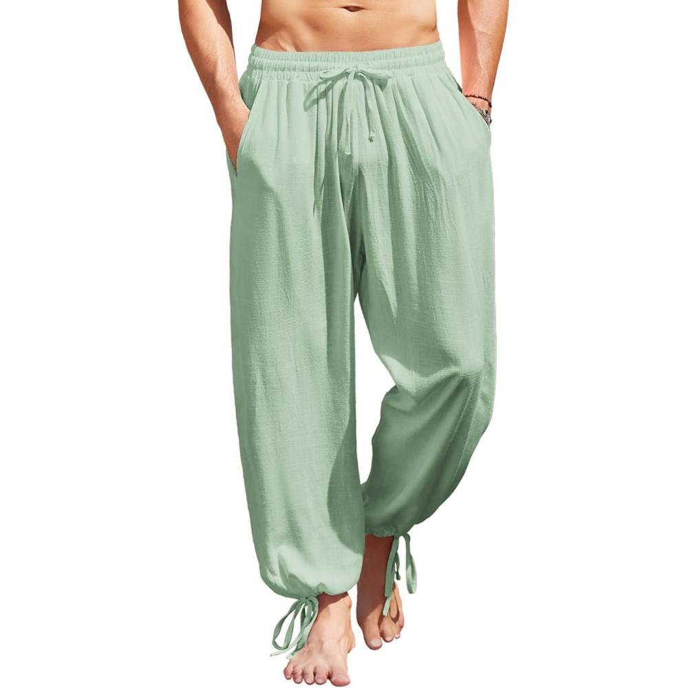 imageCOOFANDY Mens Cotton Linen Pants Casual Harem Pants Elastic Waist Beach Boho Yoga TrousersLight Green