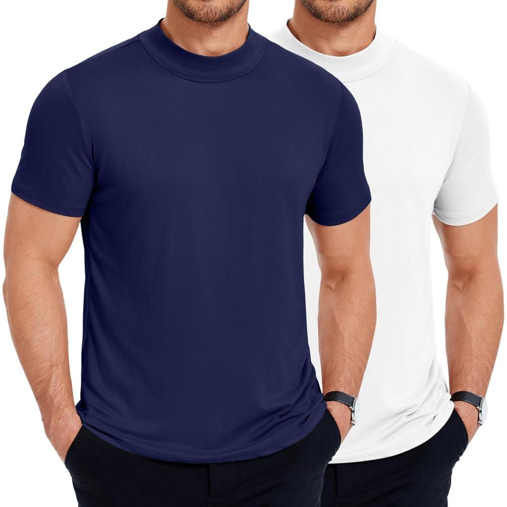 imageCOOFANDY Mens Mock Turtleneck T Shirt Short Sleeve Slim Fit Basic Casual Solid Color Pullover TeeBwhiteNavy Blue