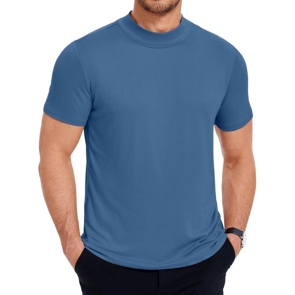 imageCOOFANDY Mens Mock Turtleneck T Shirt Short Sleeve Slim Fit Basic Casual Solid Color Pullover TeeDenim Blue