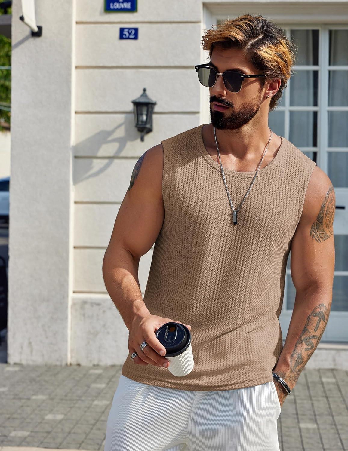 imageCOOFANDY Mens Casual Tank Tops 2 Pack Waffle Knit Sleeveless Shirt Breathable Tank Shirts Summer Muscle TeeKhaki