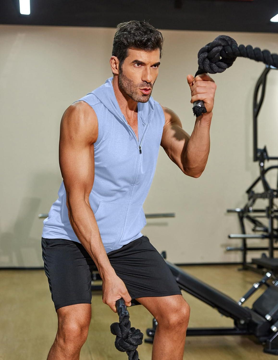imageCOOFANDY Mens Workout Hooded Tank Tops 2 Pack Zip Up Sleeveless Gym Shirts Muscle Cut Off T Shirt Bodybuilding HoodiesLight GreySky Blue2pcs