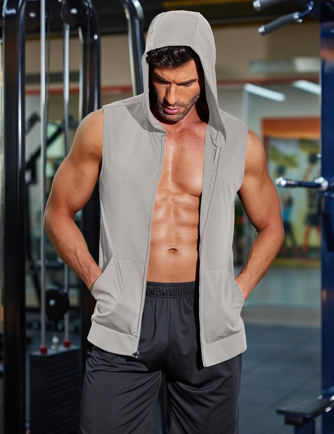imageCOOFANDY Mens Workout Hooded Tank Tops 2 Pack Zip Up Sleeveless Gym Shirts Muscle Cut Off T Shirt Bodybuilding HoodiesLight GreySky Blue2pcs