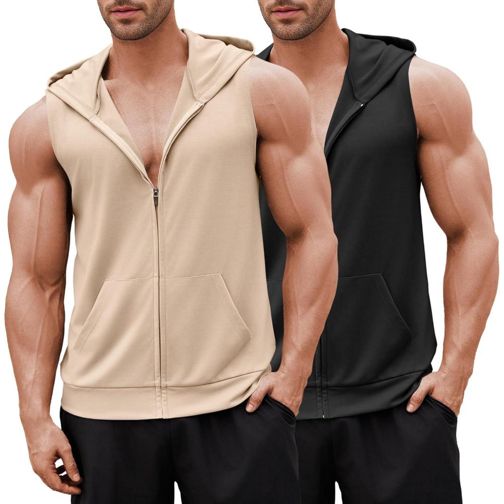 imageCOOFANDY Mens Workout Hooded Tank Tops 2 Pack Zip Up Sleeveless Gym Shirts Muscle Cut Off T Shirt Bodybuilding HoodiesBlackKhaki2pcs