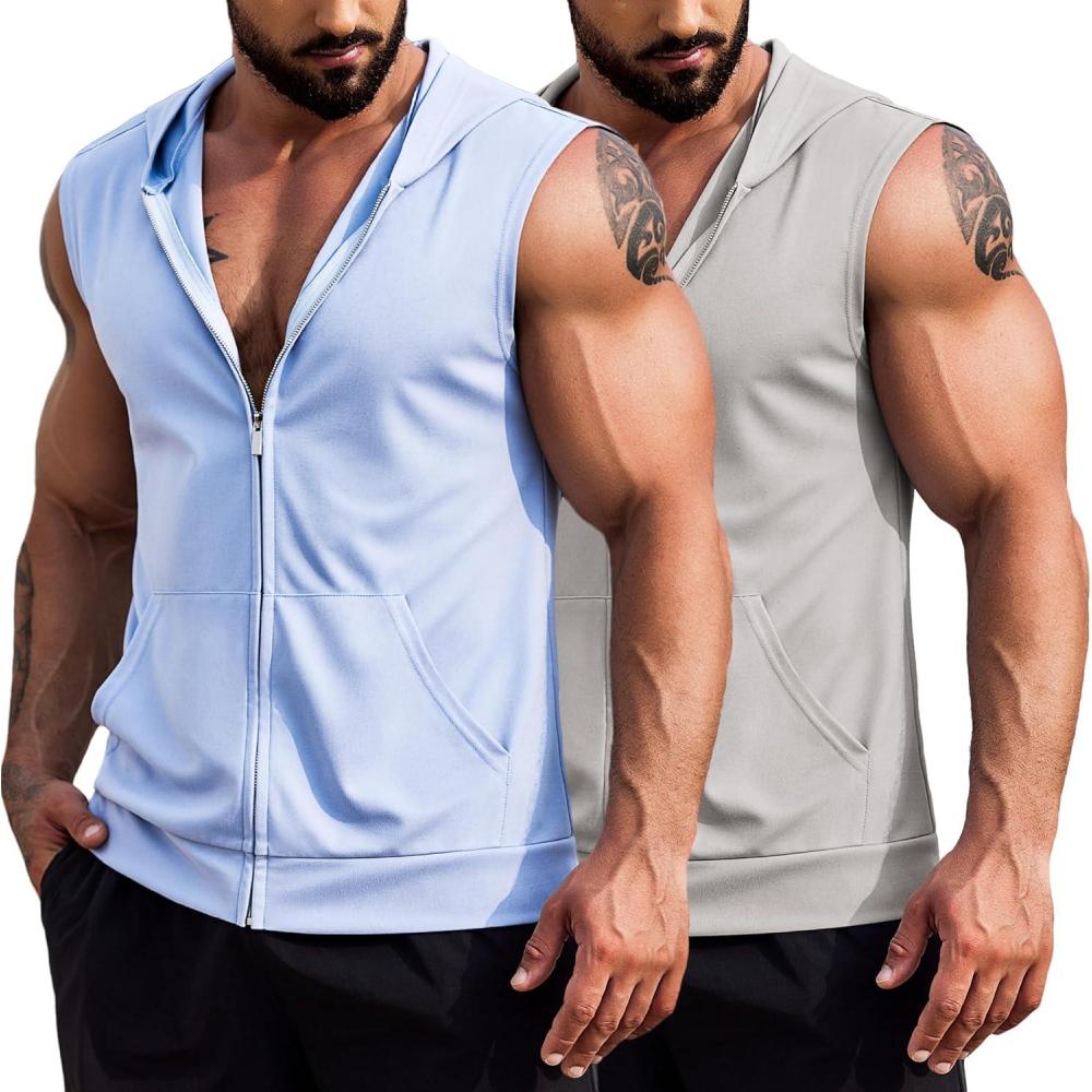 imageCOOFANDY Mens Workout Hooded Tank Tops 2 Pack Zip Up Sleeveless Gym Shirts Muscle Cut Off T Shirt Bodybuilding HoodiesLight GreySky Blue2pcs