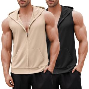 COOFANDY Men’s Workout Hooded Tank Tops 2 Pack Zip Up Sleeveless Gym Shirts Muscle Cut Off T Shirt Bodybuilding Hoodies(Black/Khaki(2pcs))