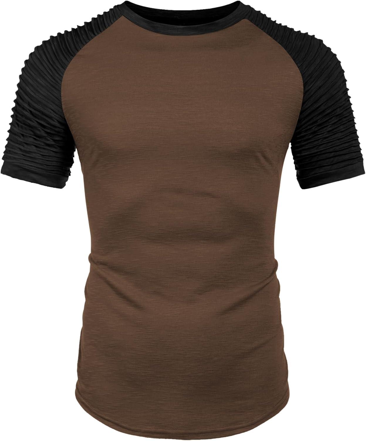 imageCOOFANDY Mens Muscle TShirt Pleated Raglan Sleeve Bodybuilding Gym Tee Short Sleeve Fashion Workout Shirts Hipster ShirtPattern3 Brown Black
