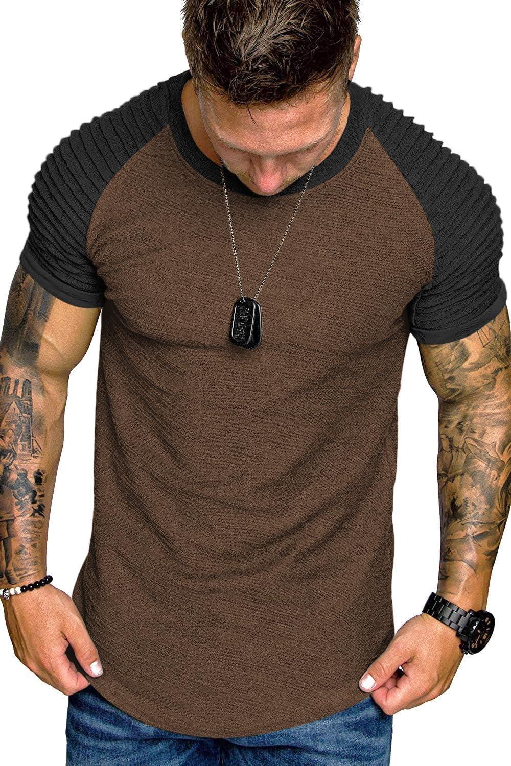 imageCOOFANDY Mens Muscle TShirt Pleated Raglan Sleeve Bodybuilding Gym Tee Short Sleeve Fashion Workout Shirts Hipster ShirtPattern3 Brown Black