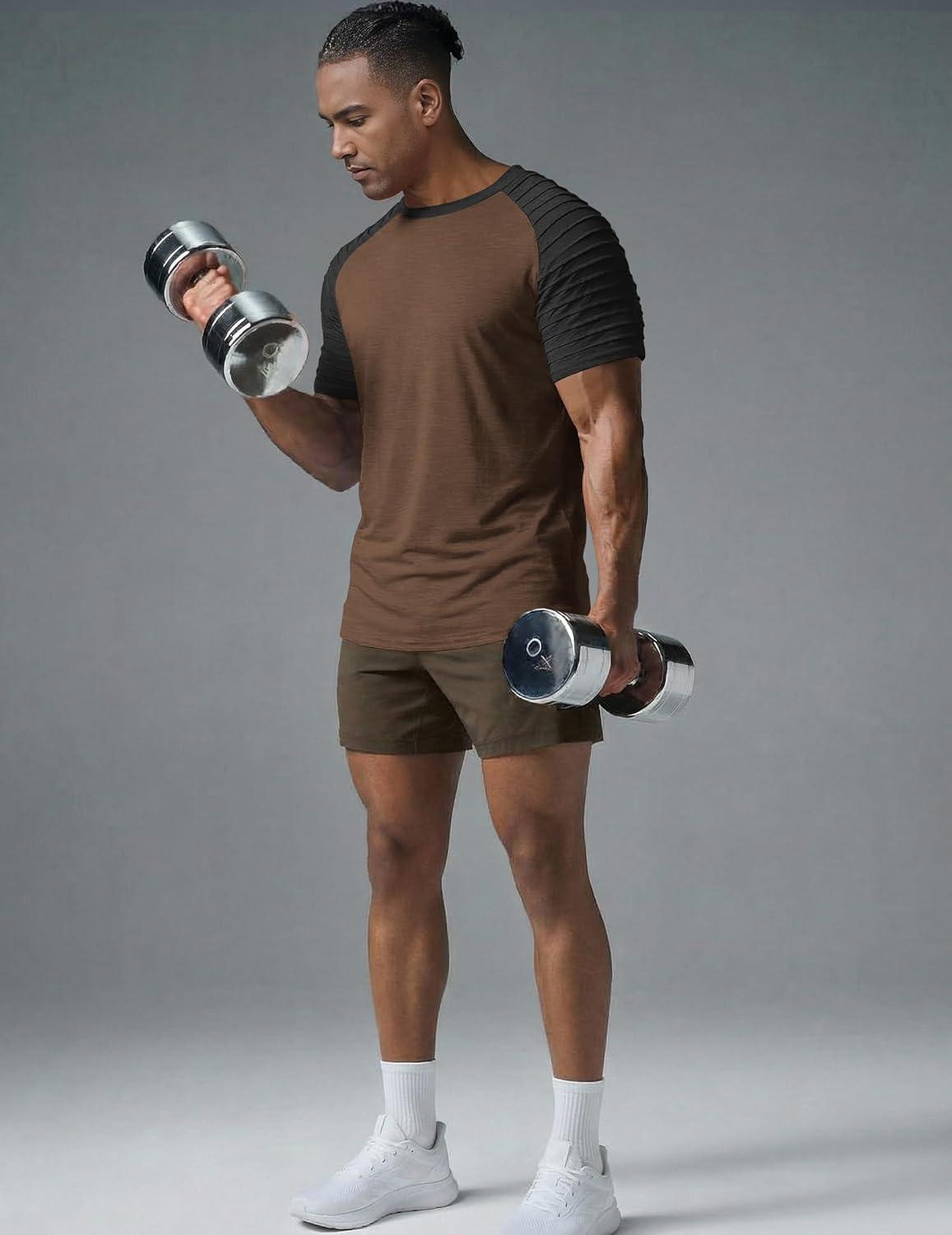 imageCOOFANDY Mens Muscle TShirt Pleated Raglan Sleeve Bodybuilding Gym Tee Short Sleeve Fashion Workout Shirts Hipster ShirtPattern3 Brown Black