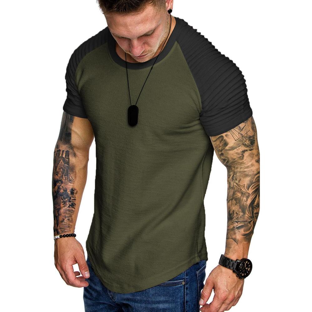 imageCOOFANDY Mens Muscle TShirt Pleated Raglan Sleeve Bodybuilding Gym Tee Short Sleeve Fashion Workout Shirts Hipster ShirtPattern3 Army Green Black