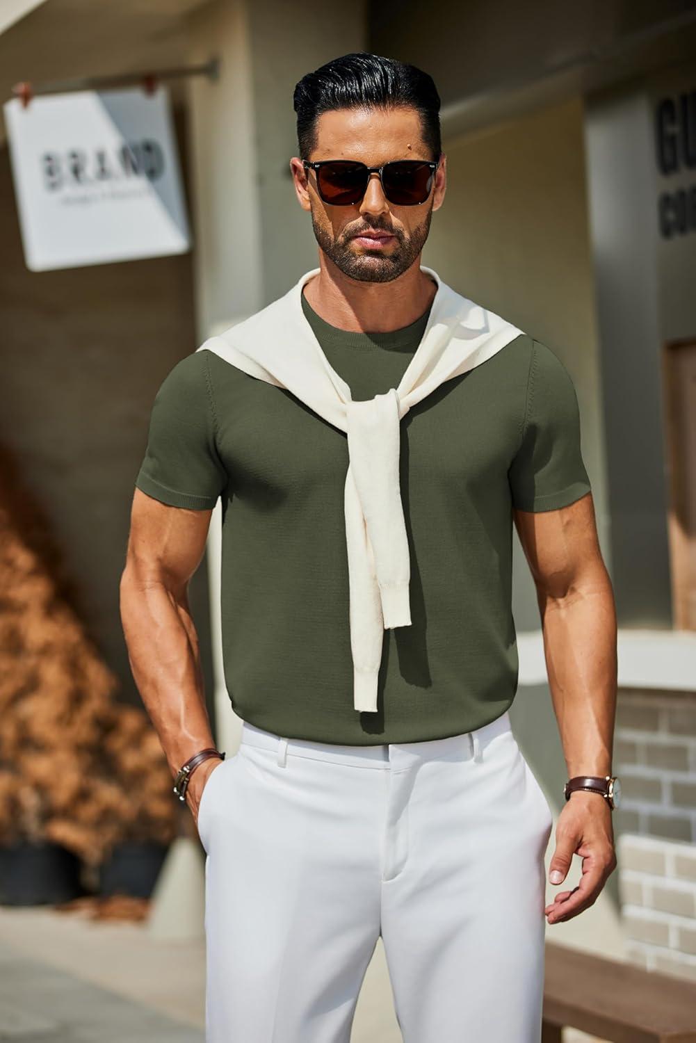 imageCOOFANDY Mens Casual TShirts Short Sleeve Crewneck Pullover Classic Knit Tee ShirtsArmy Green