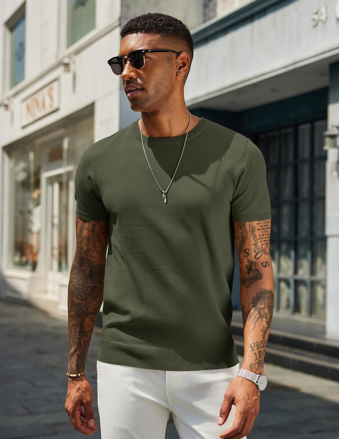 imageCOOFANDY Mens Casual TShirts Short Sleeve Crewneck Pullover Classic Knit Tee ShirtsArmy Green