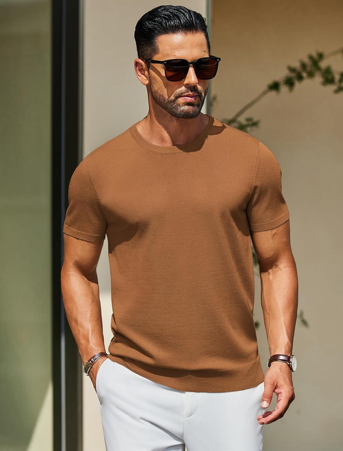 imageCOOFANDY Mens Casual TShirts Short Sleeve Crewneck Pullover Classic Knit Tee ShirtsCaramel