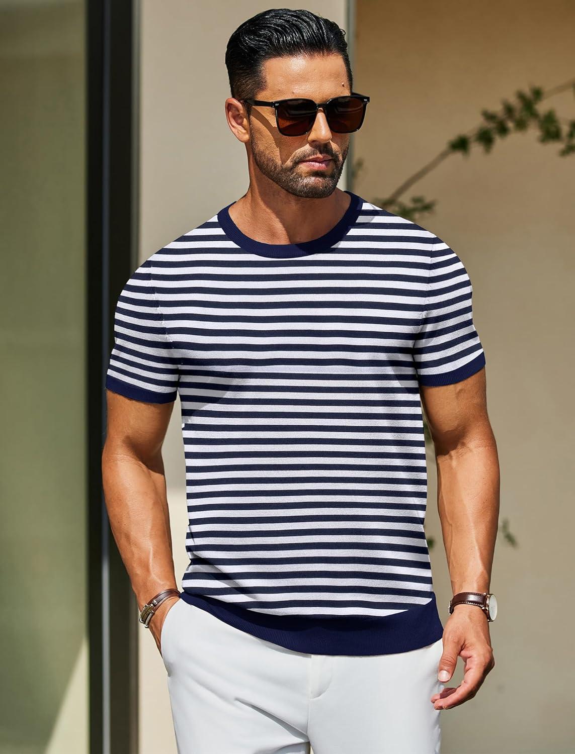 imageCOOFANDY Mens Casual TShirts Short Sleeve Crewneck Pullover Classic Knit Tee ShirtsStripe Navy