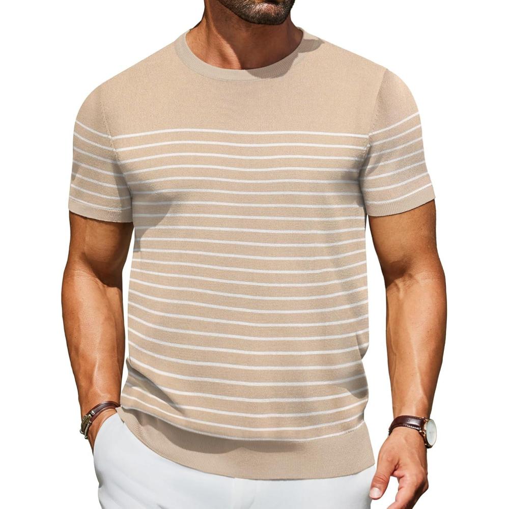 imageCOOFANDY Mens Casual TShirts Short Sleeve Crewneck Pullover Classic Knit Tee ShirtsStripe Khaki