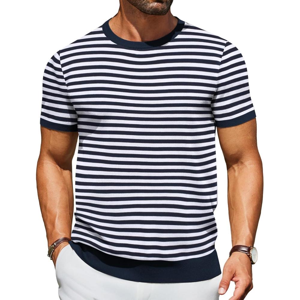 imageCOOFANDY Mens Casual TShirts Short Sleeve Crewneck Pullover Classic Knit Tee ShirtsStripe Navy