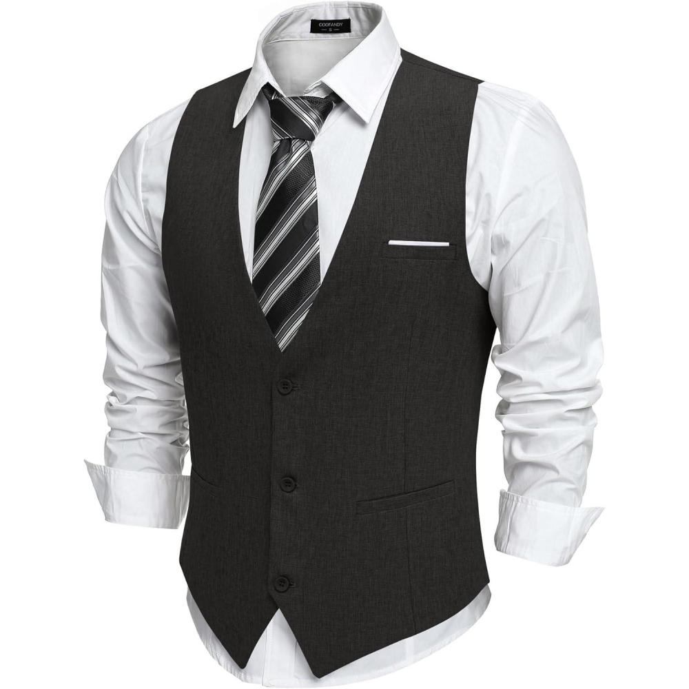 imageCOOFANDY Mens Suit Vest VNeck Casual Business Vests Lightweight Slim Fit Formal Dress Waistcoat for Wedding PartyBlack