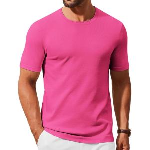 COOFANDY Mens Knit T-Shirts Casual Crewneck Short Sleeve Shirts Summer Tops Basic Pullover Tees(Bright Pink)