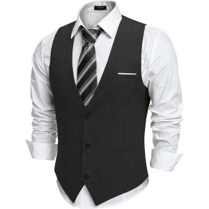 COOFANDY Men’s Suit Vest V-Neck Casual Business Vests Lightweight Slim Fit Formal Dress Waistcoat for Wedding Party(Black)