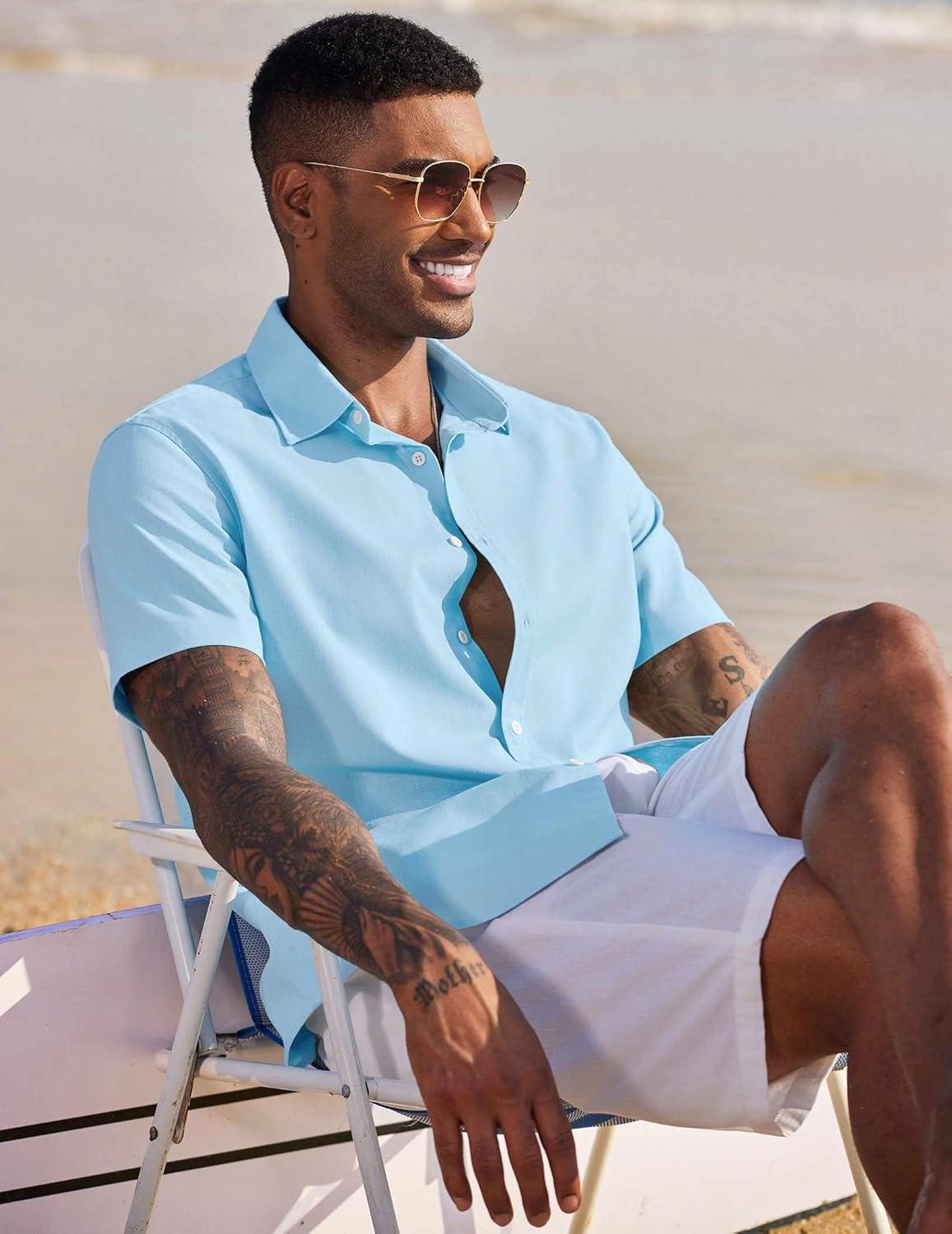 imageCOOFANDY Mens Cotton Button Down Short Sleeve Shirt Casual Summer Linen Beach ShirtsLight Blue