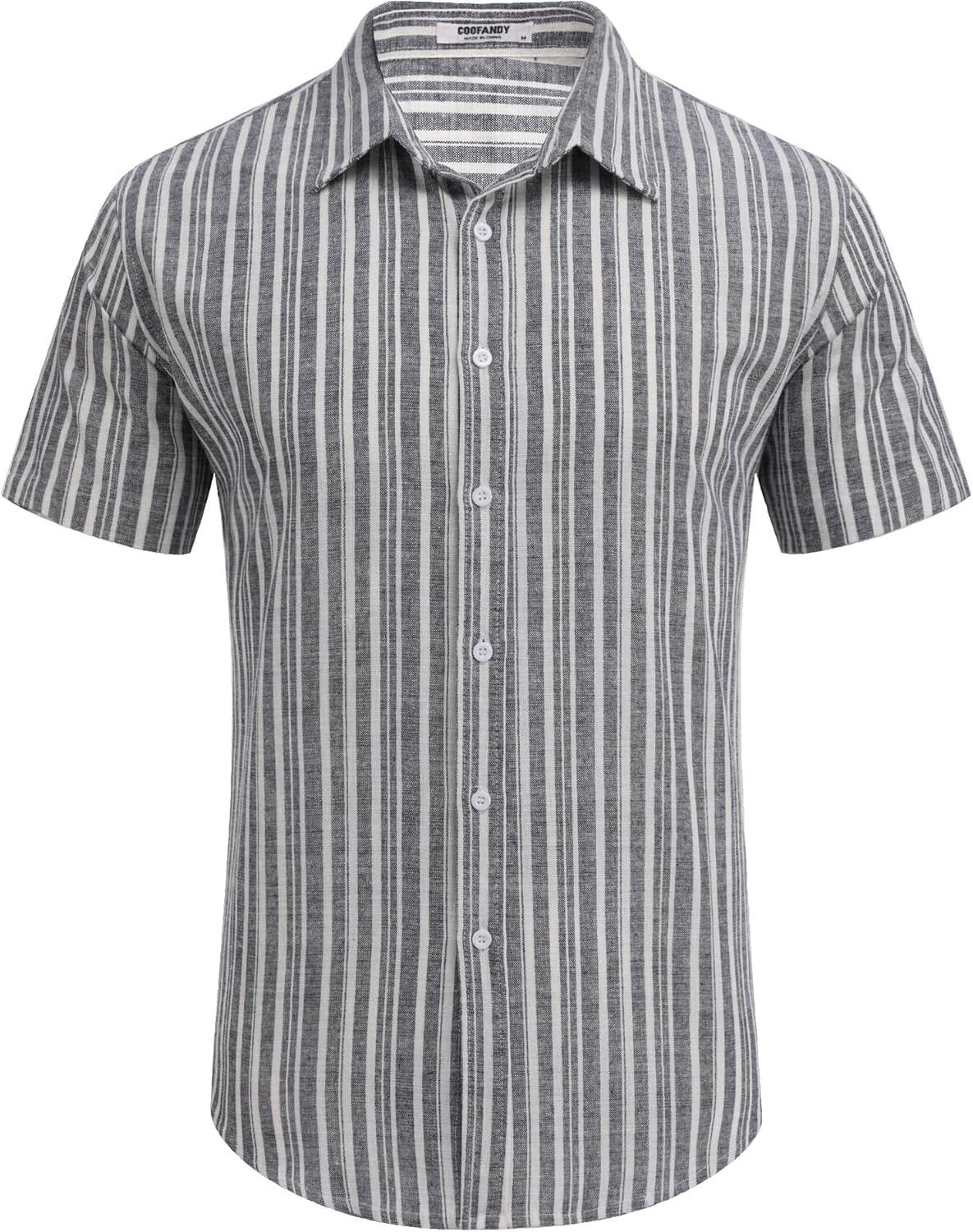 imageCOOFANDY Mens Cotton Button Down Short Sleeve Shirt Casual Summer Linen Beach ShirtsStripeirregular Grey