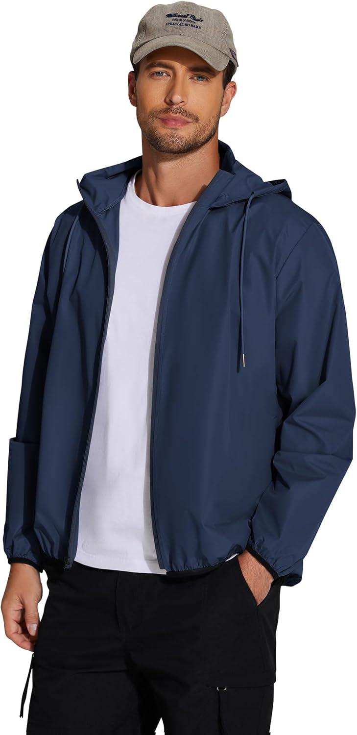 imageCOOFANDY Mens Light Rain Jacket with Hood Packable Waterproof Raincoat Golf Rain Gear Travel Hiking WindbreakerDark Blue